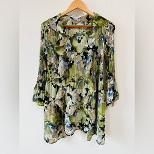 Vintage Boho Accordion Pleat Flounce Flare Sleeve Button Down Tunic Top Size M